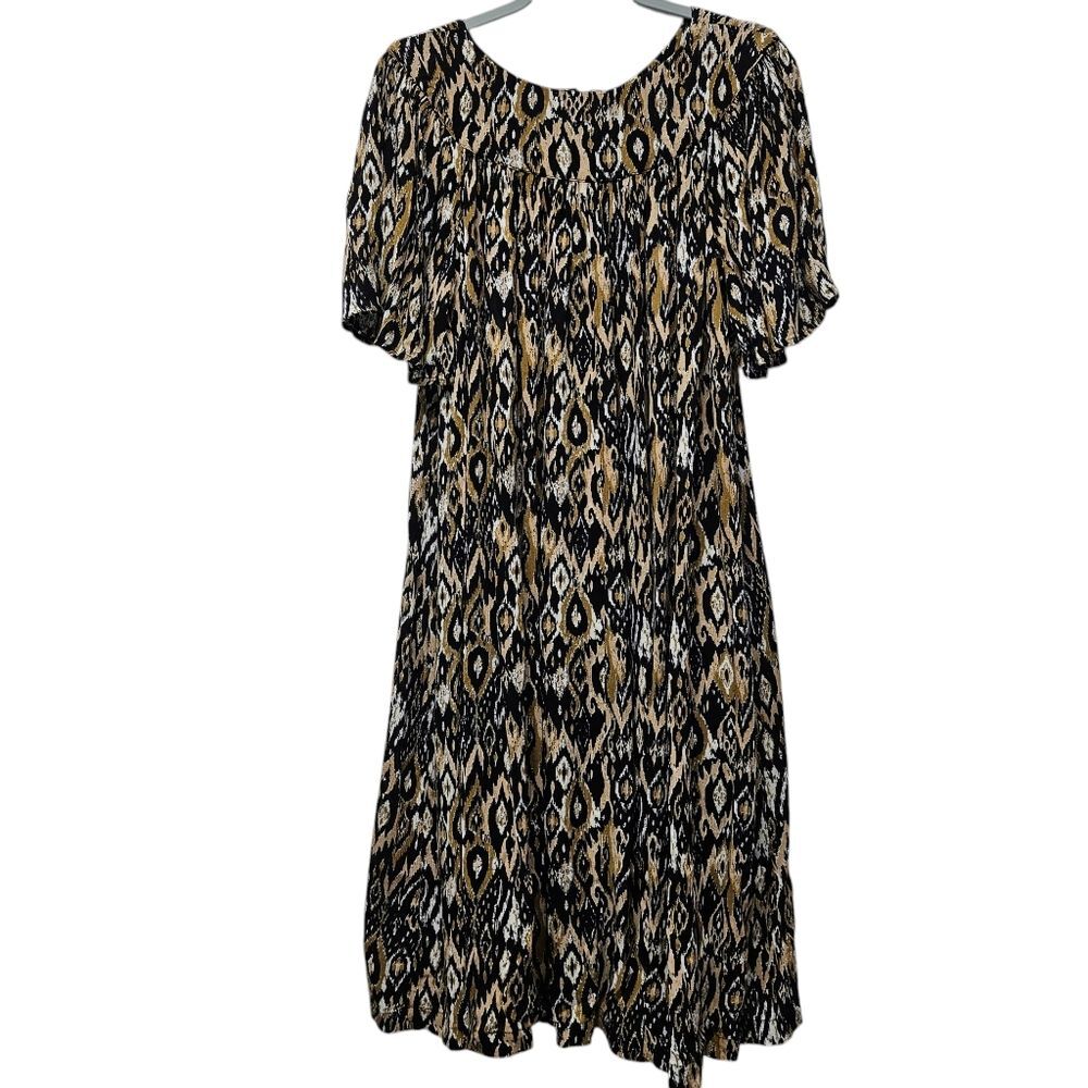 Go Softly Patio Midi Dress Size M Ikat Print Crinkle Full Zip Back Boho Jumper